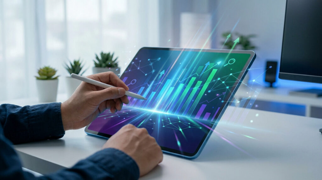 Mains utilisant un stylet sur une tablette affichant des graphiques de croissance numérique holographiques.