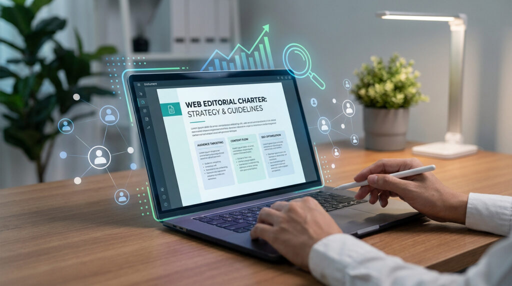 Mains travaillant sur un ordinateur portable affichant une charte éditoriale avec des icônes numériques en surimpression.