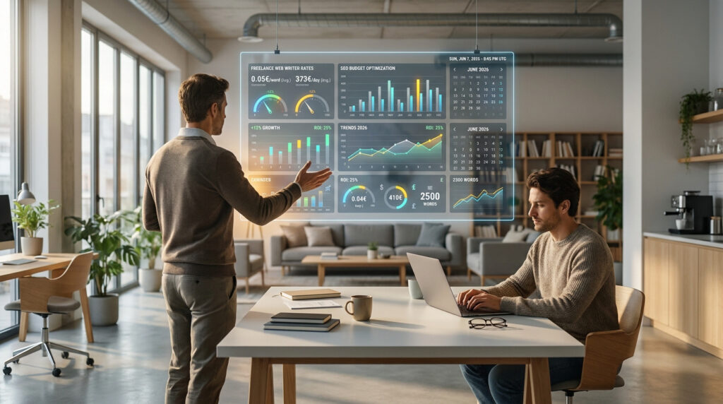 Deux professionnels analysent des données financières de rédaction web sur un écran holographique flottant en 2026.