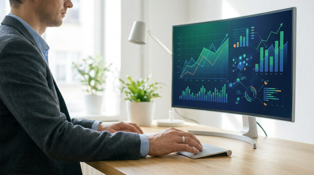 Un professionnel en costume analyse des graphiques de performance SEO sur un écran d'ordinateur incurvé.