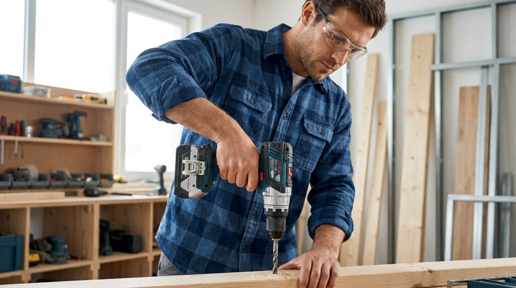 Un homme portant des lunettes de protection perce une planche en bois avec une perceuse sans fil dans un atelier.