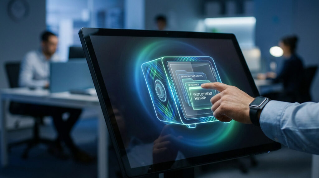Une main utilisant un écran tactile montrant une interface holographique de coffre-fort numérique sécurisé.
