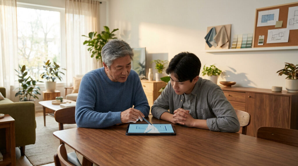 Un homme âgé et un jeune homme assis à une table examinant des plans de maison sur une tablette numérique.