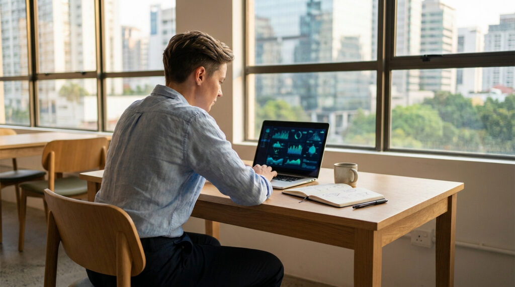 Personne travaillant sur un ordinateur portable affichant des graphiques dans un bureau lumineux avec vue sur la ville.