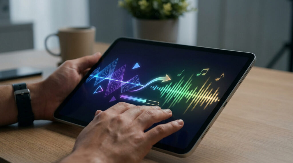 Mains tenant une tablette affichant une animation colorée d'ondes sonores et de notes de musique pour la conversion audio.