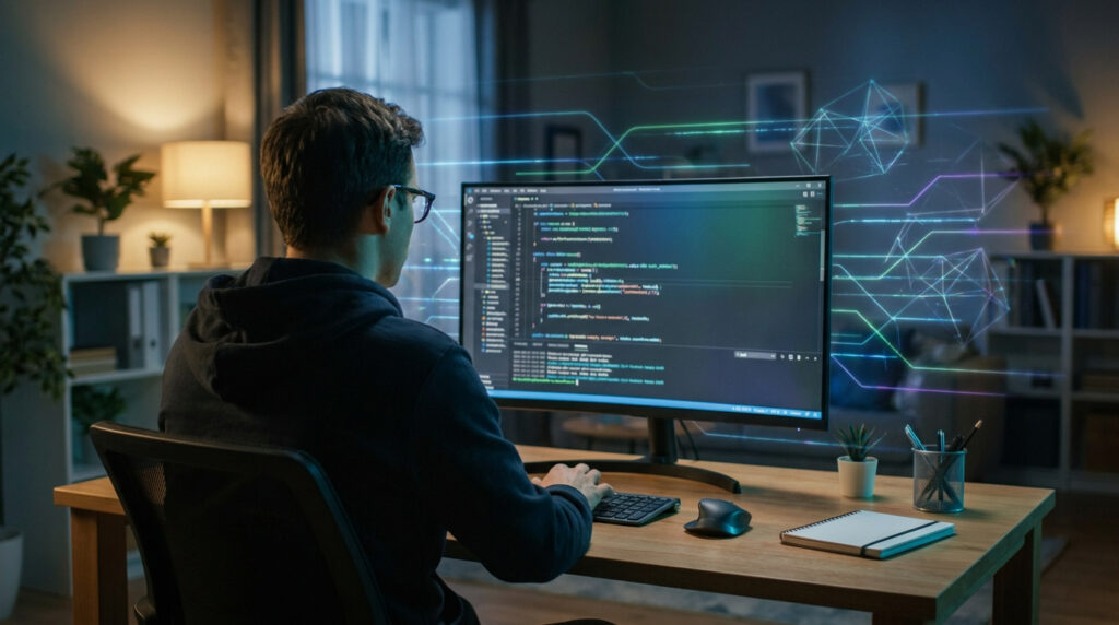 Un développeur vu de dos devant un écran affichant du code avec des graphiques digitaux holographiques en arrière-plan.