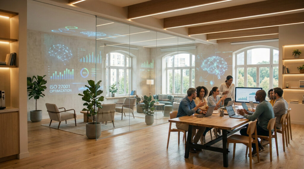 Une équipe diversifiée travaille autour d'une table en bois dans un bureau moderne avec des projections de données IA.