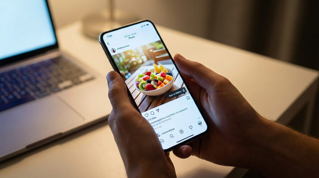 Une personne tenant un smartphone affichant un flux Instagram avec une option de téléchargement.