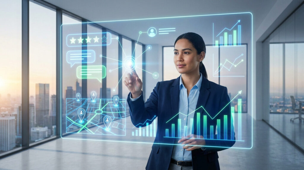 Femme d'affaires interagissant avec une interface holographique affichant des données Google Business.