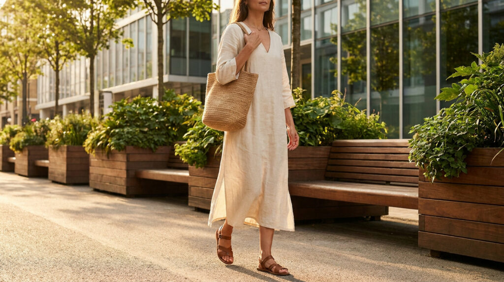 Une femme en robe longue en lin beige et sandales marche dans une rue moderne bordée de jardinières en bois.