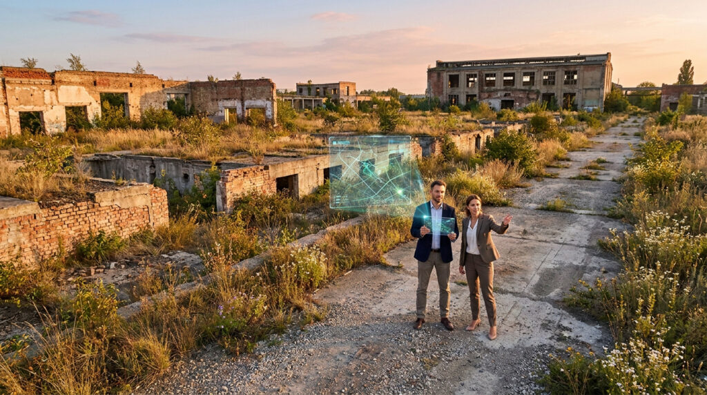 Un couple en tenue professionnelle examine un site industriel en ruine avec une tablette affichant une interface holographique.