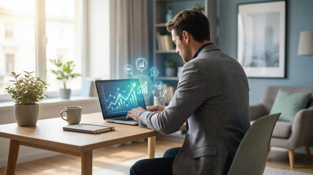 Un professionnel travaillant sur un ordinateur portable affichant des graphiques de croissance SEO numériques.