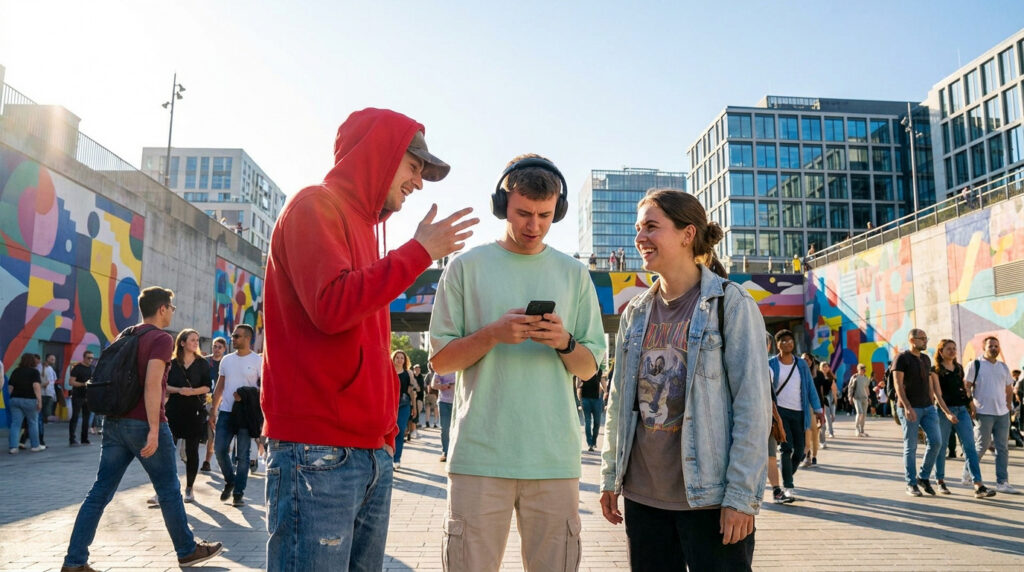 Trois jeunes amis discutent joyeusement sur une place urbaine animée décorée de fresques colorées.