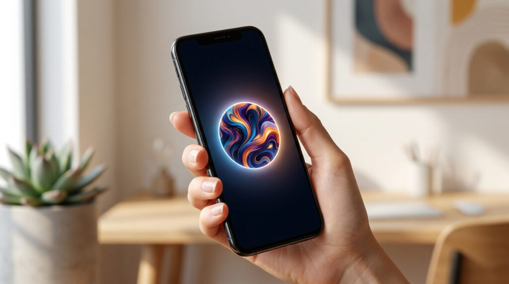Une main tient un smartphone affichant une icône circulaire colorée et abstraite sur un fond de bureau lumineux.