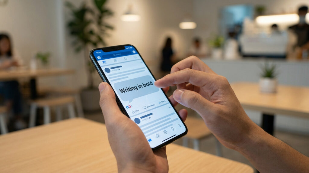 Une personne tenant un smartphone affichant un texte en gras sur l'interface de Facebook dans un café.