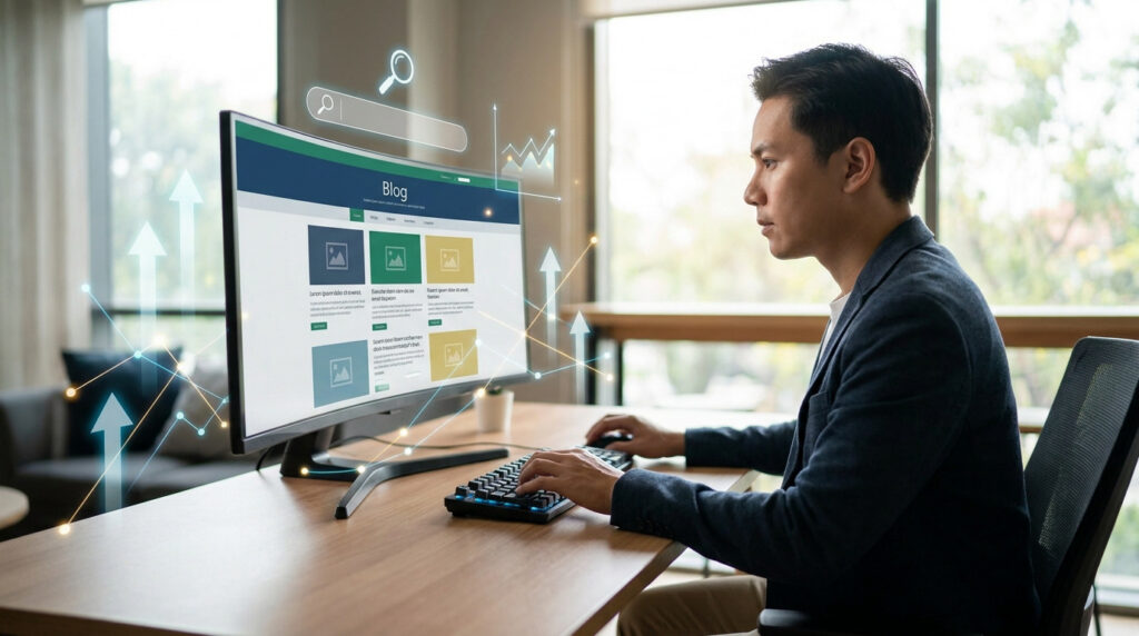 Un professionnel travaille sur un ordinateur affichant un blog avec des icônes de croissance SEO et des flèches montantes.
