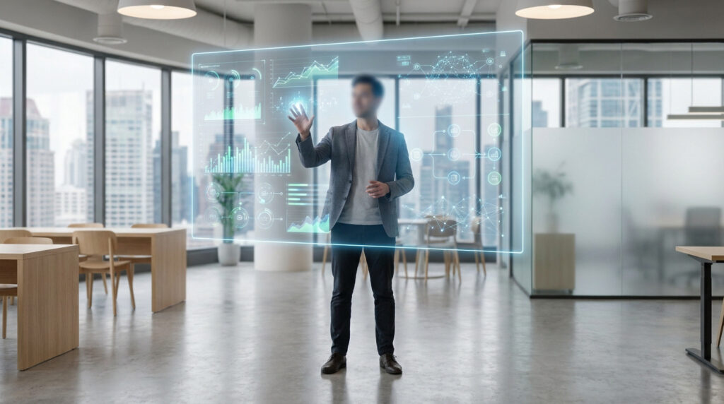 Un homme d'affaires interagit avec un tableau de bord numérique flottant futuriste dans un bureau moderne.