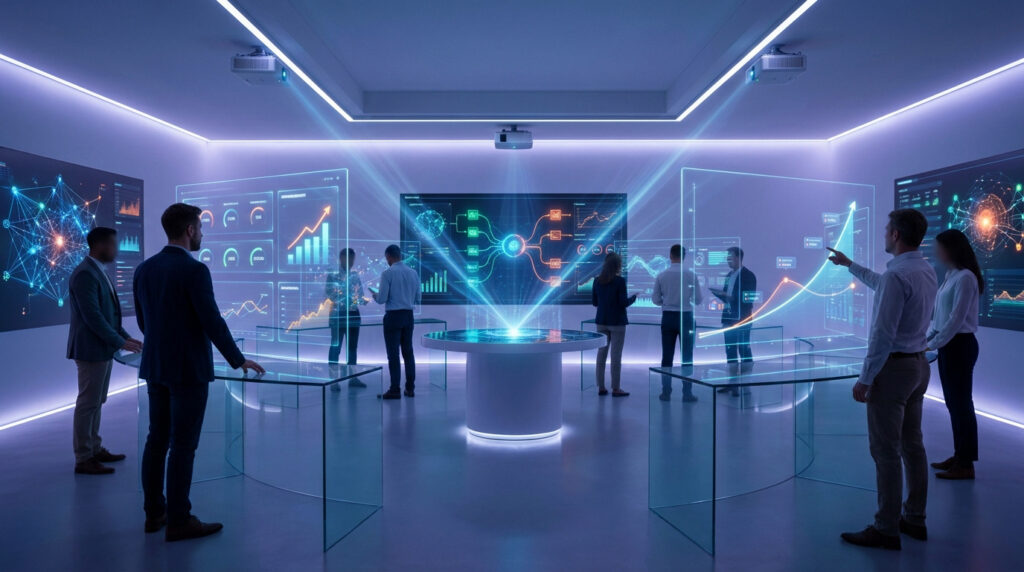 Équipe analysant des données complexes sur des écrans holographiques dans un centre de contrôle futuriste.