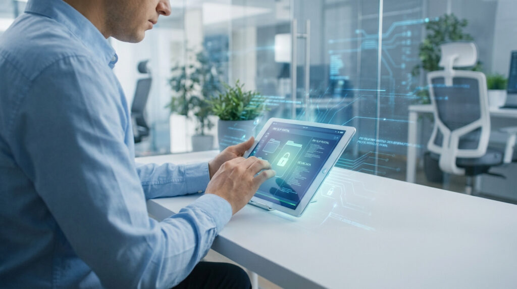 Un employé utilise une tablette numérique pour accéder à un portail sécurisé de gestion de paie dans un bureau moderne.