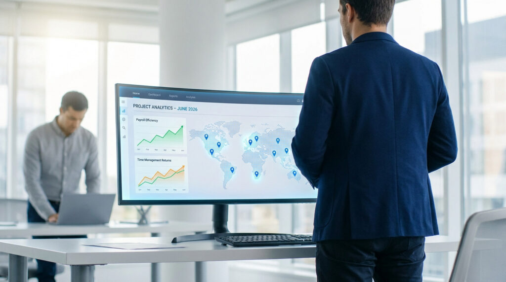 Un professionnel en costume observe un tableau de bord analytique sur écran incurvé dans un bureau moderne.