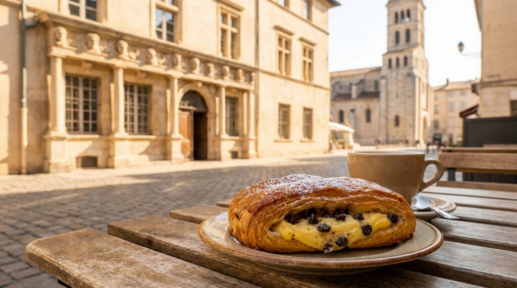 Une viennoiserie aux pépites de chocolat et une tasse de café sur une table en terrasse à Valence, France.