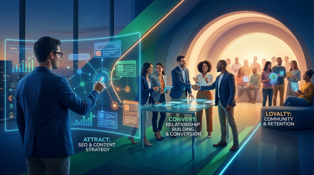 Un professionnel utilisant une interface numérique pour illustrer les étapes de l'inbound marketing : attirer, convertir, fidéliser.