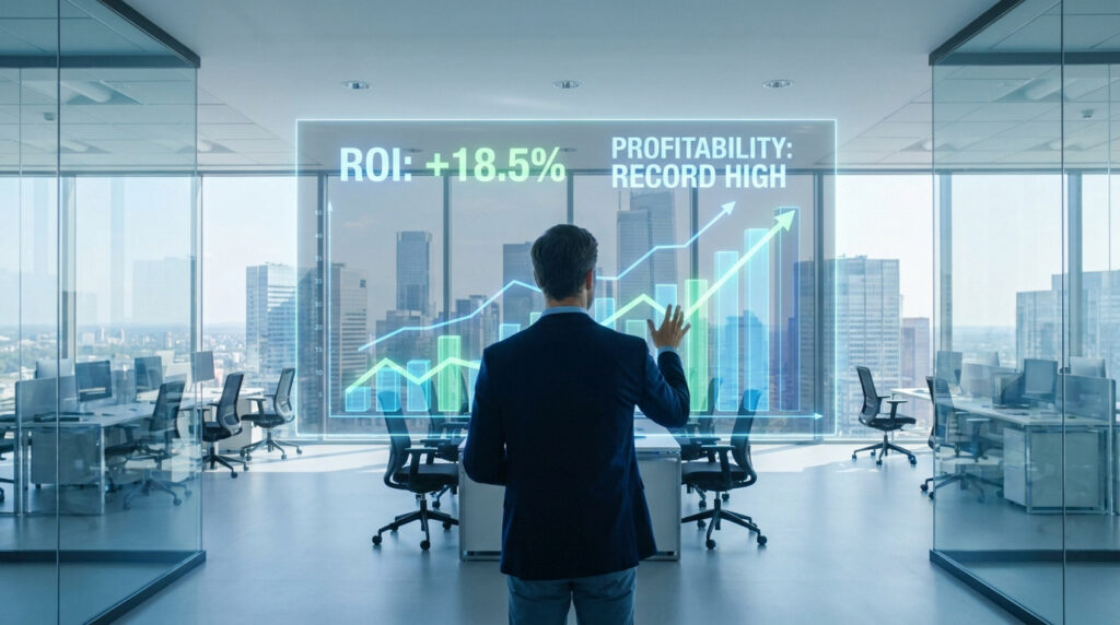 Un homme d'affaires regarde un écran holographique affichant un ROI de +18,5% dans un bureau moderne avec vue sur la ville.
