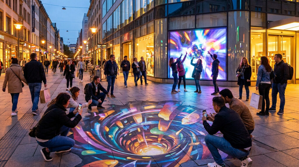 Des piétons interagissent avec une installation artistique au sol et un écran publicitaire géant dans une rue commerçante.