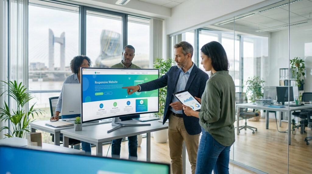Équipe de professionnels collaborant sur la conception d'un site web dans un bureau lumineux avec vue sur Bordeaux.