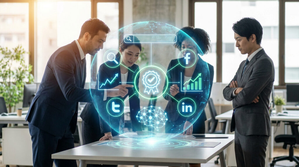 Quatre professionnels en costume analysent une interface holographique interactive de marketing digital dans un bureau.