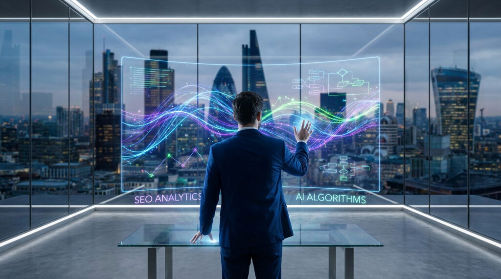 Un homme d'affaires manipule des graphiques de données numériques devant une vue panoramique urbaine.