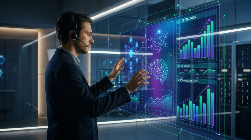 Un expert en marketing utilisant une interface holographique futuriste affichant des données SEO et IA.